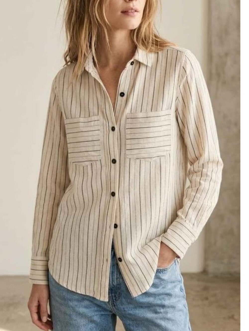 JAPNA Cream Pinstripe Linen Blend Button Down Utility Shirt Size XS